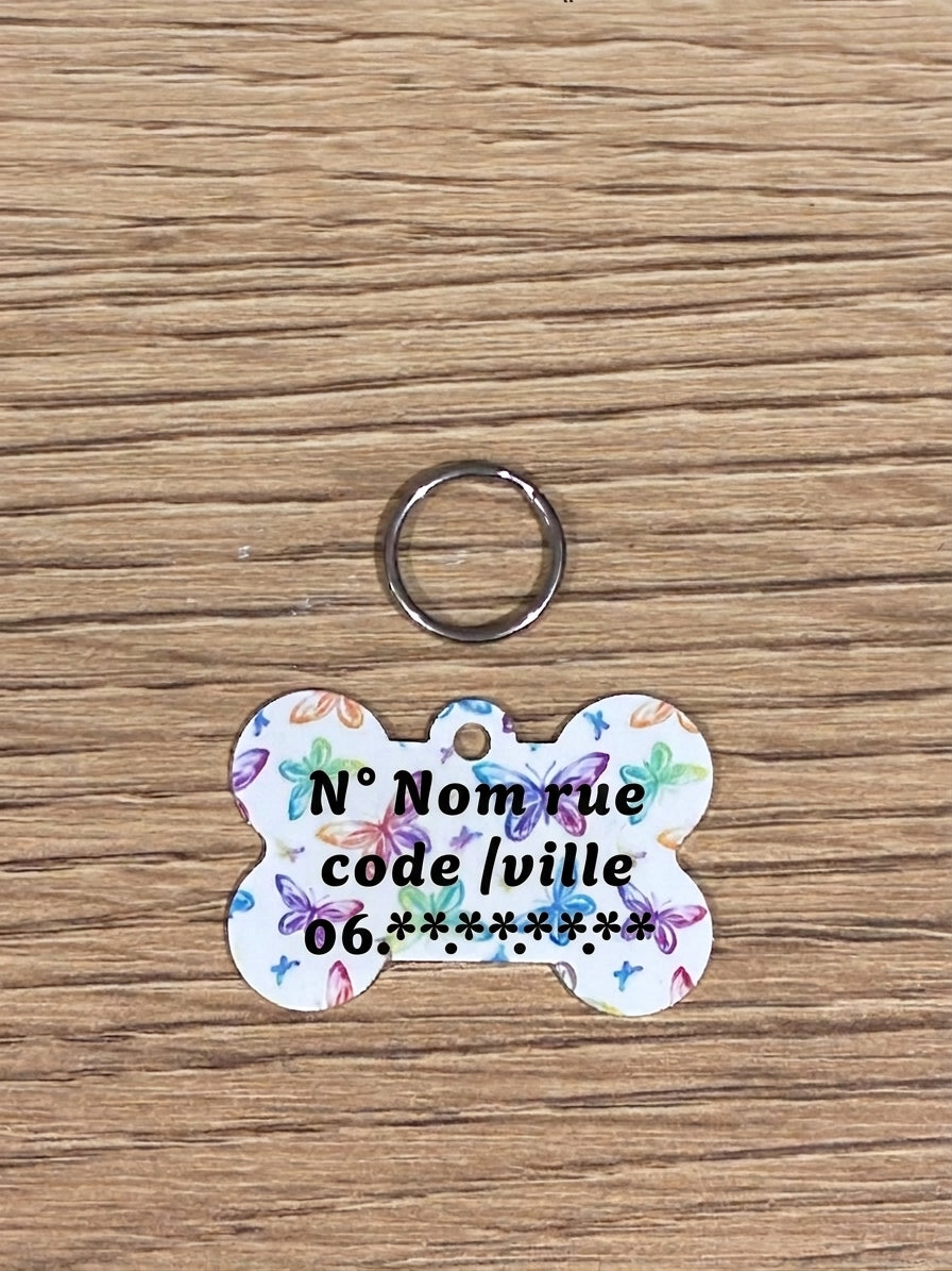 🐶 Médaillon Chien Personnalisé Papillons – Nom & Coordonnées 🦋